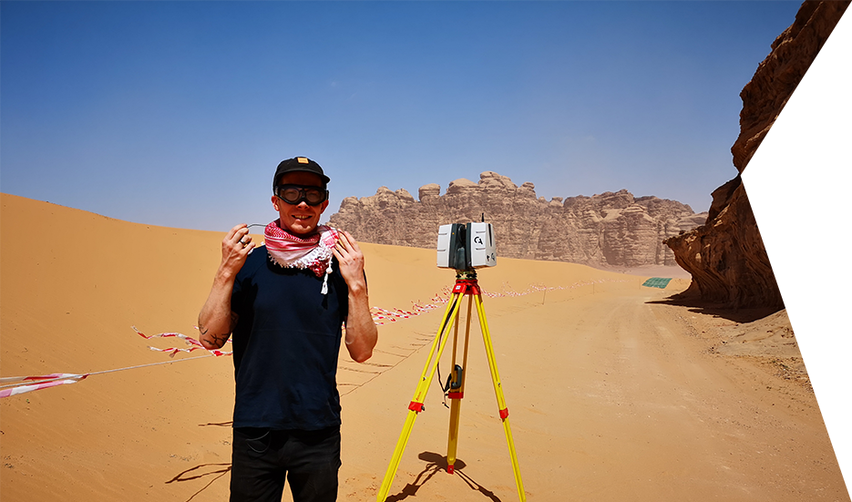 Clear Angle crew member Lidar Scanning with a Leica P40 in the desert in Jordan.