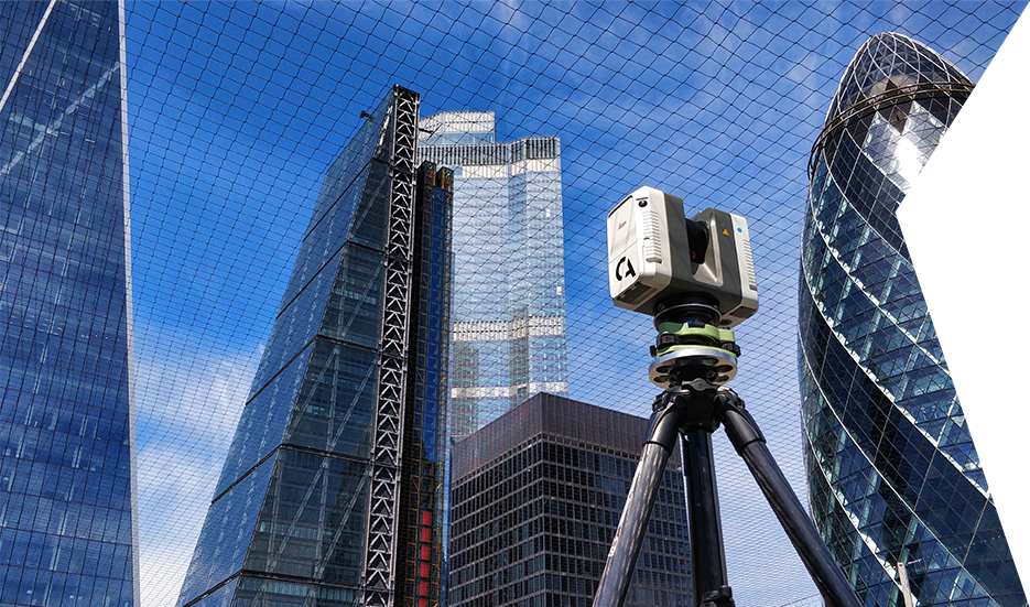 Clear Angle Studios Leica RTC 360 Lidar Scanner in front of the City of London Skyling